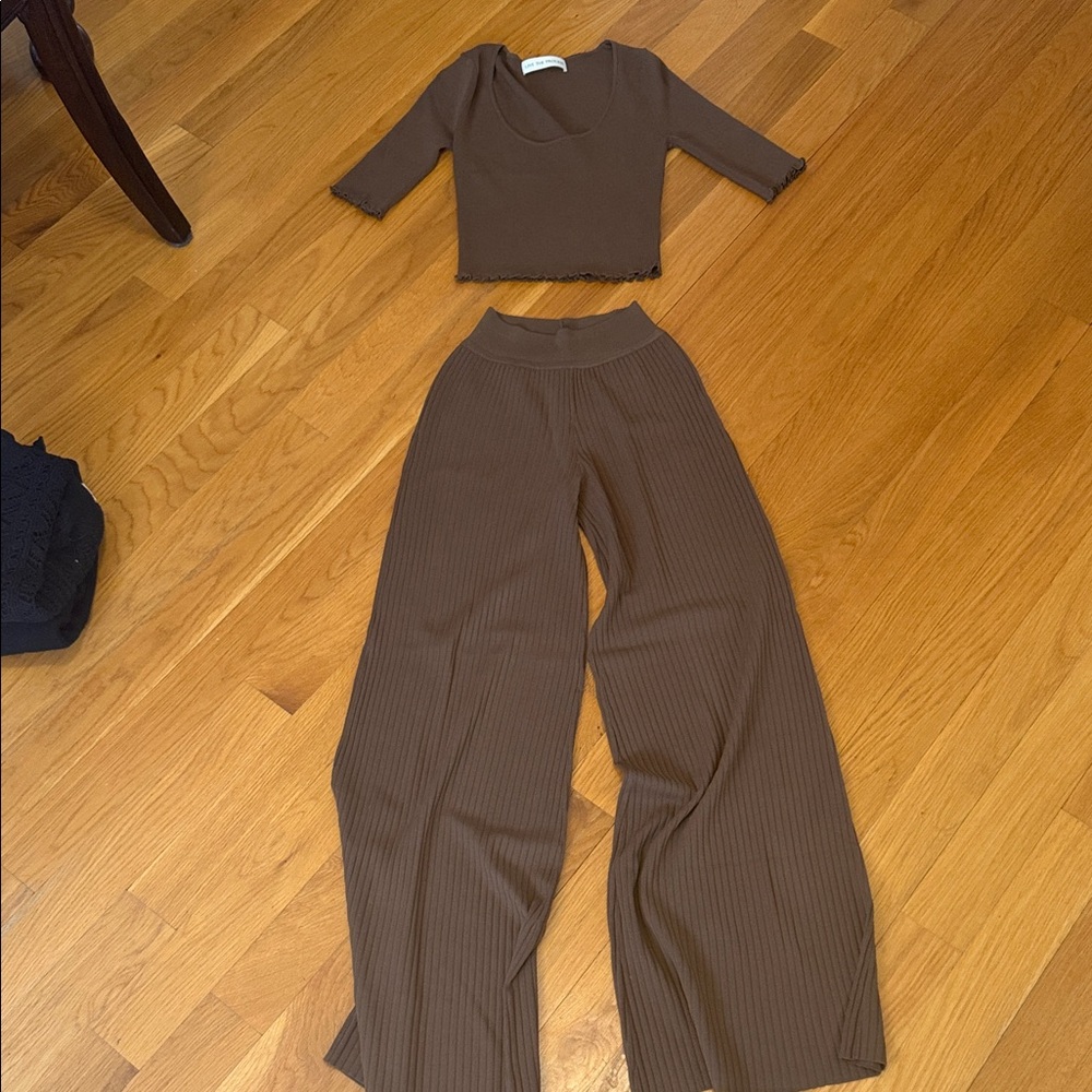 Live The Process Brown Ribbed Wide Leg Pants Set
